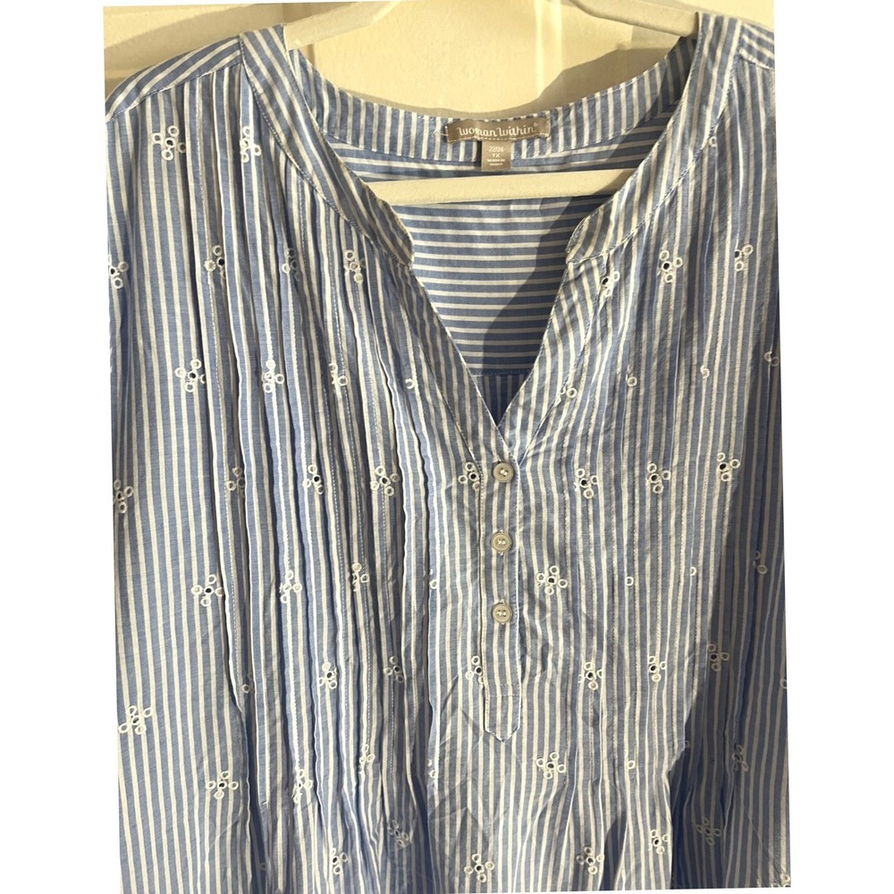 Woman Within Tunic Womens 1X Blue White Stripe Eyelet Embroidered Cotton Blouse - Picture 4 of 7